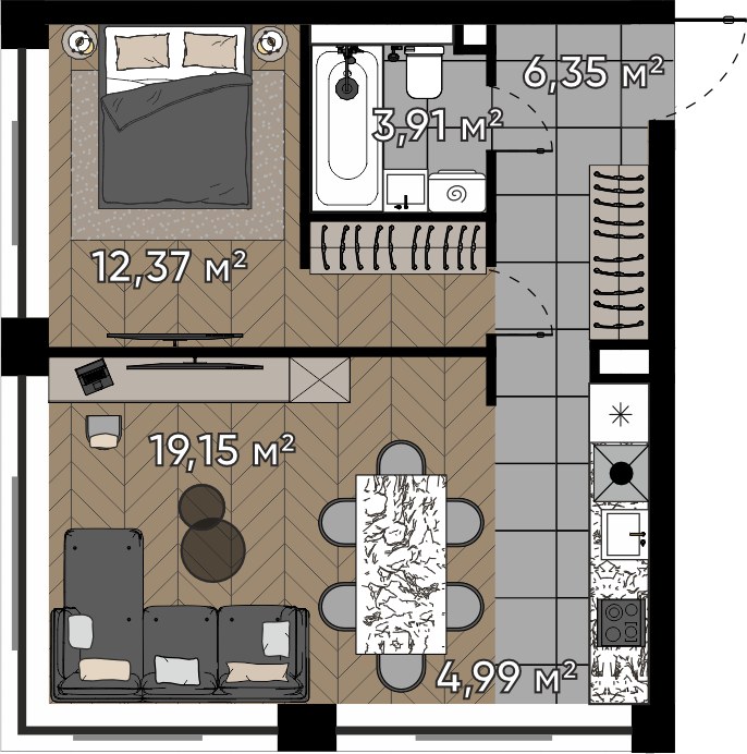Планировка 46.77 м²
