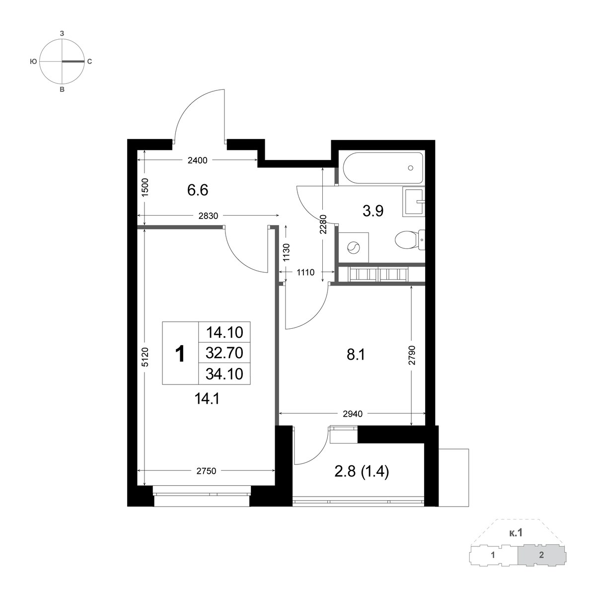 Планировка 34.2 м²