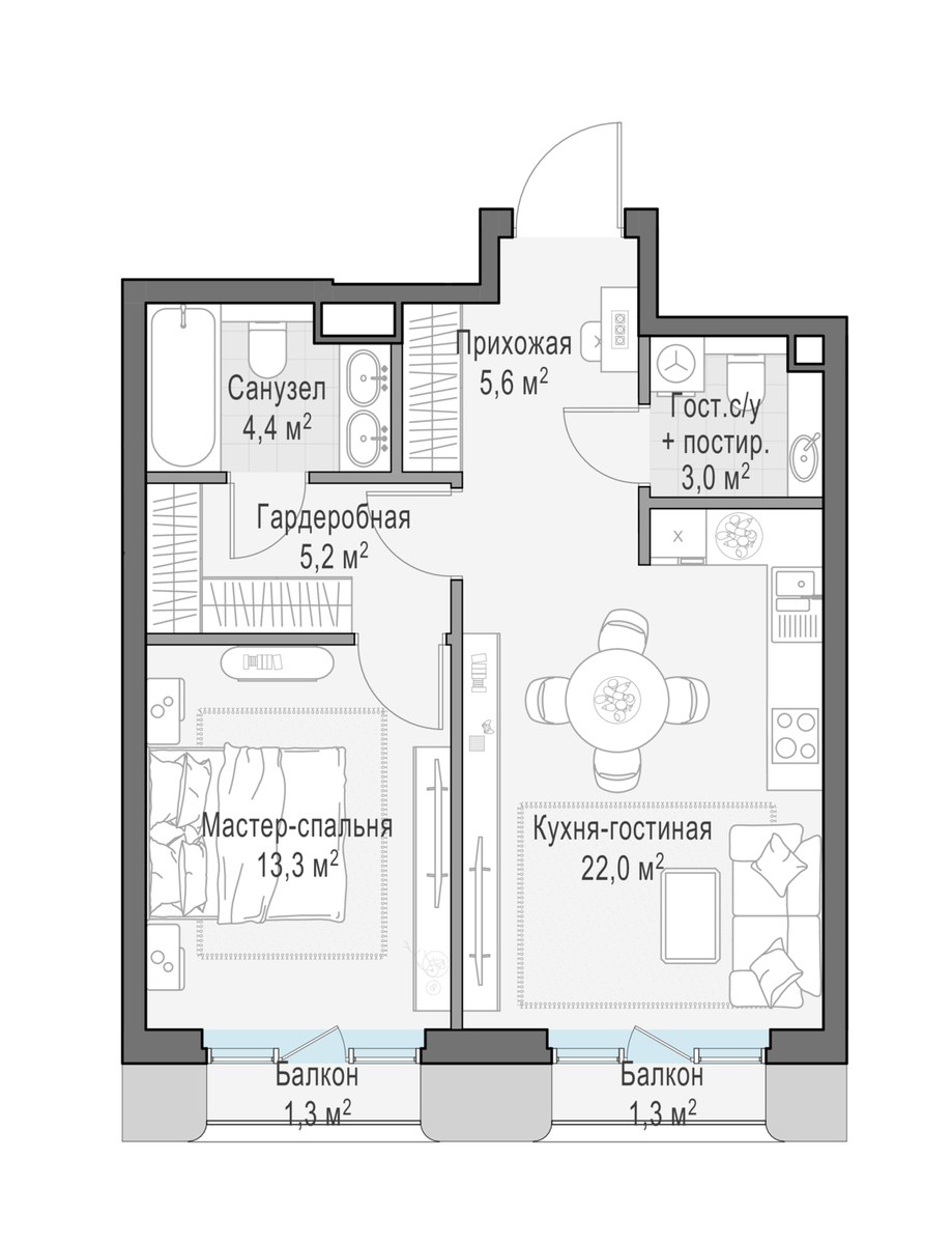 Планировка 54.6 м²