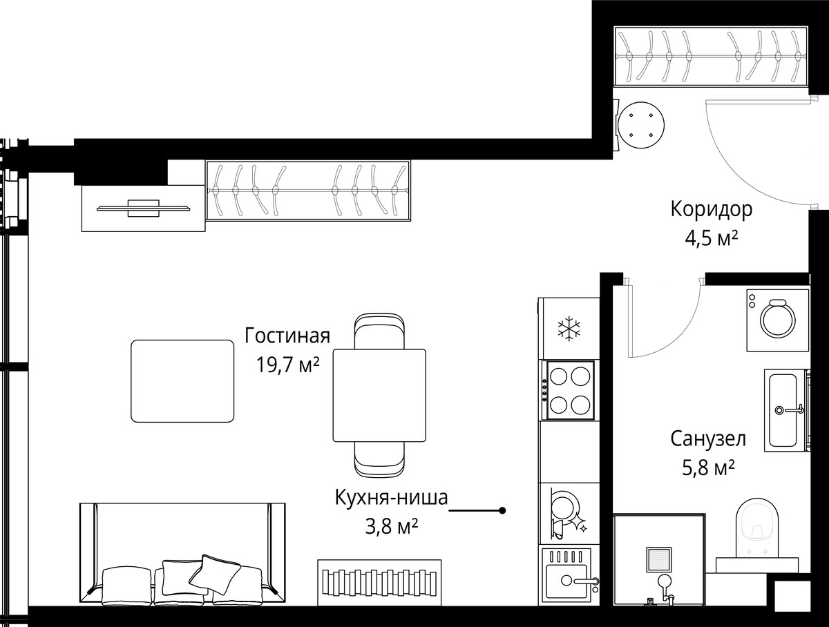 Планировка: Студия, 33.8 м²