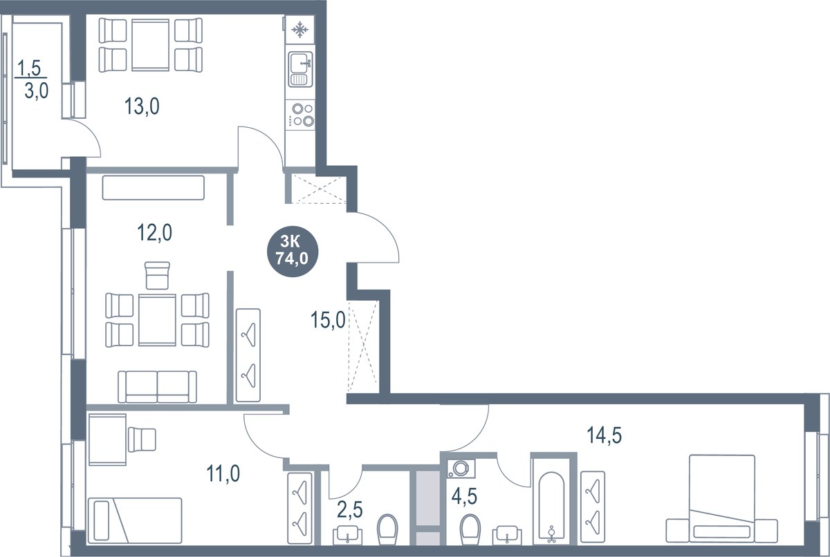 Планировка 74.0 м²