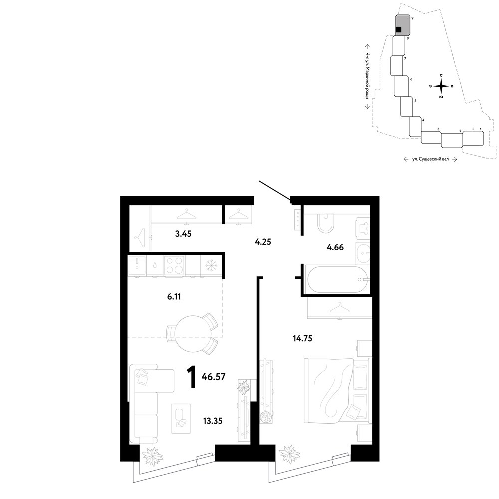Планировка 46.57 м²
