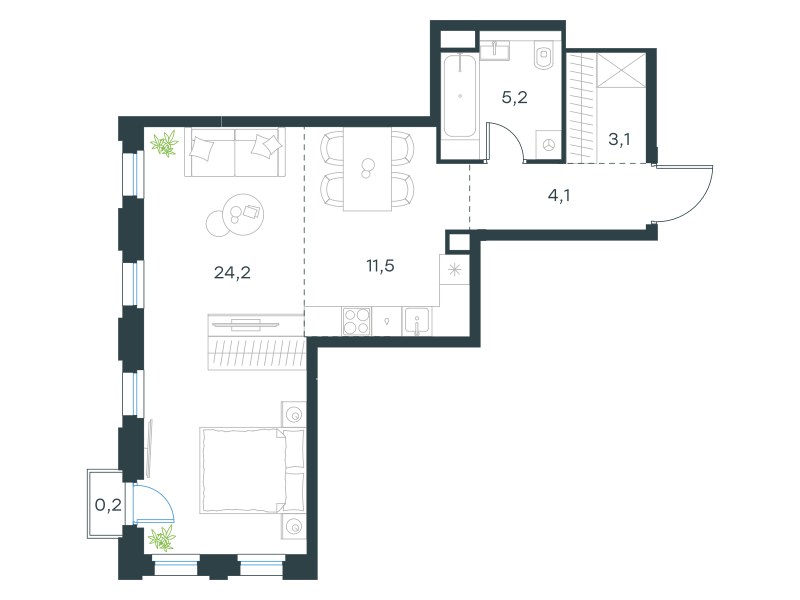 Планировка: 1-комнатная, 48.3 м²