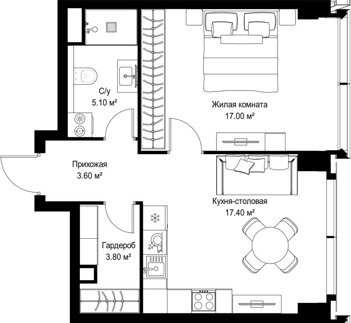 Планировка: 1-комнатная, 46.9 м²