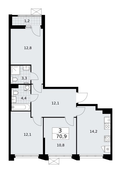 Планировка: 3-комнатная, 70.9 м²