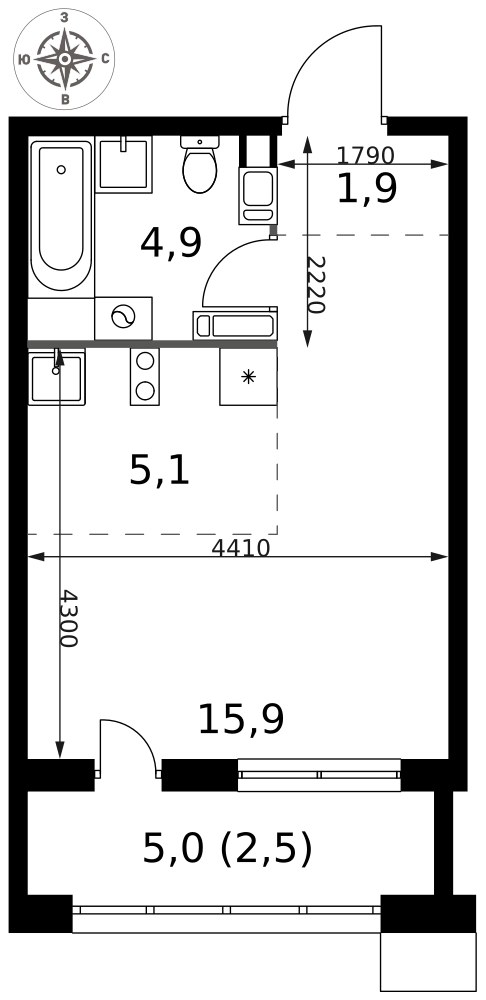 Планировка: Студия, 30.3 м²