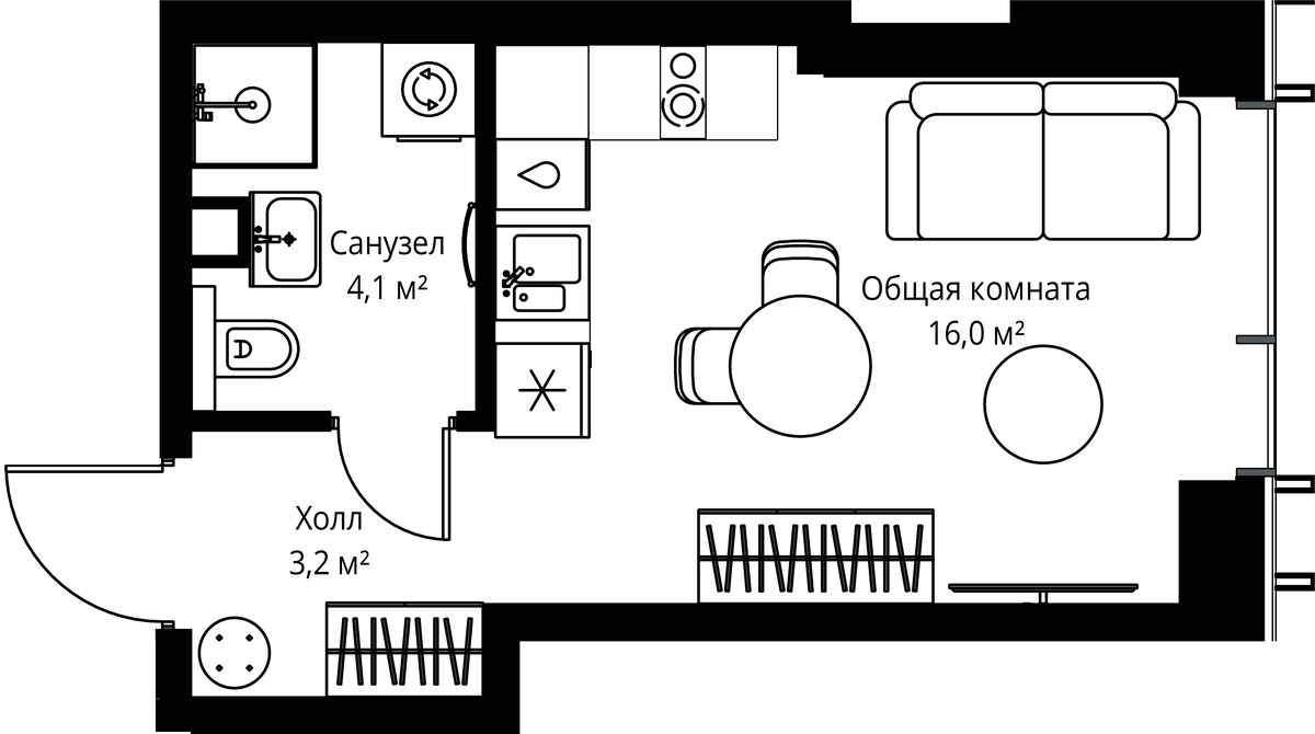 Планировка: 1-комнатная, 23.3 м²