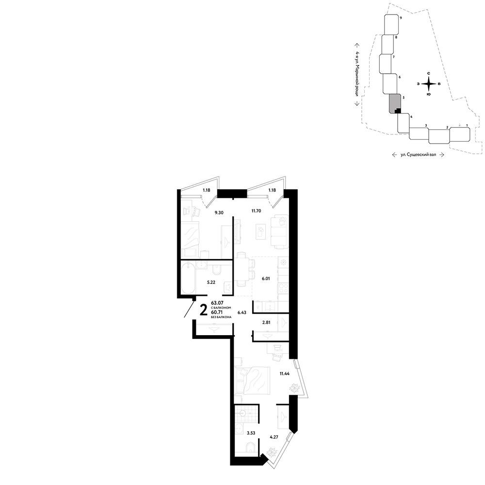 Планировка 63.07 м²