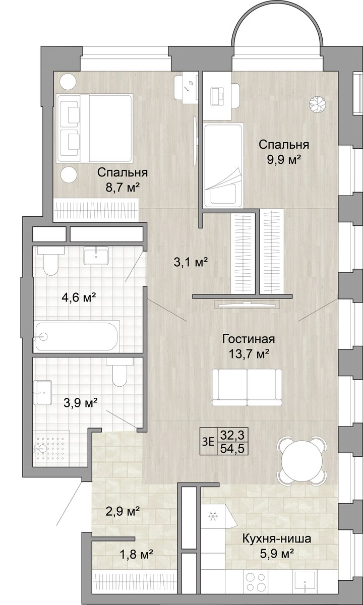 Планировка 54.5 м²