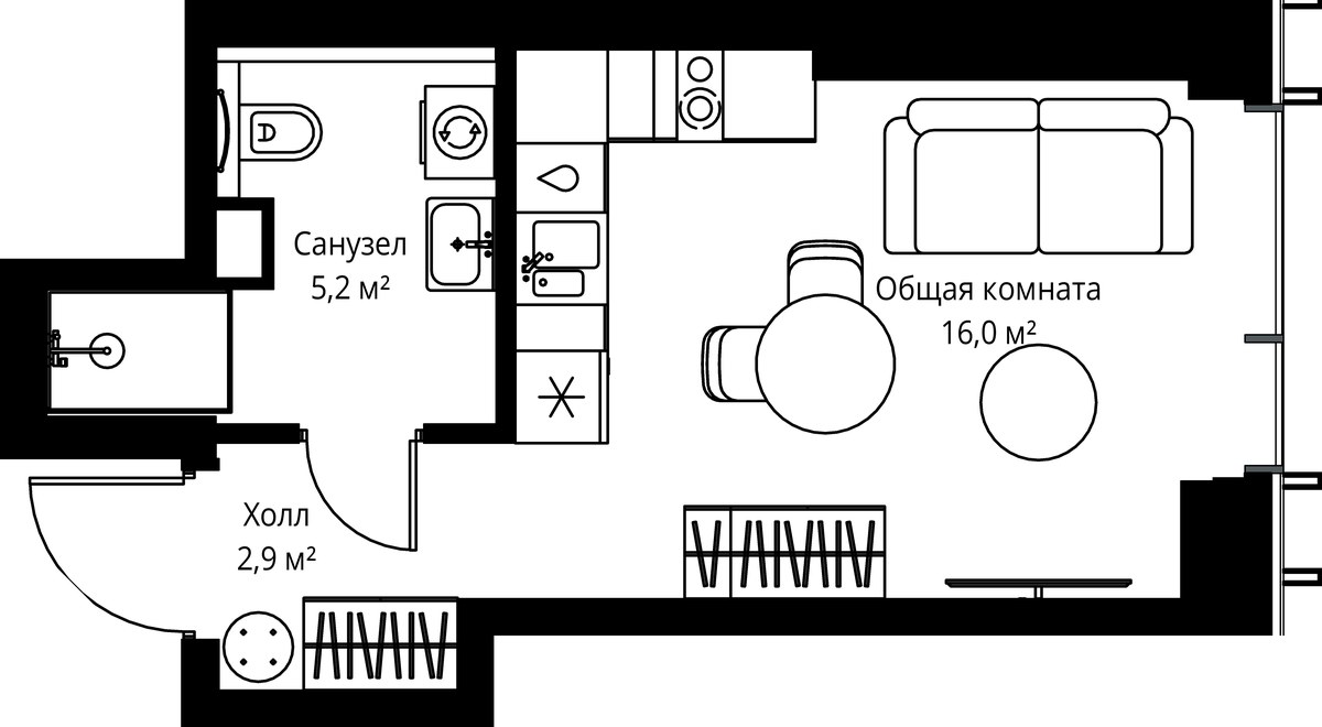 Планировка: 1-комнатная, 24.1 м²