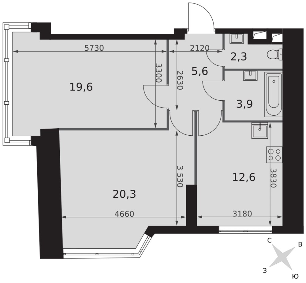 Планировка: 2-комнатная, 64.3 м²