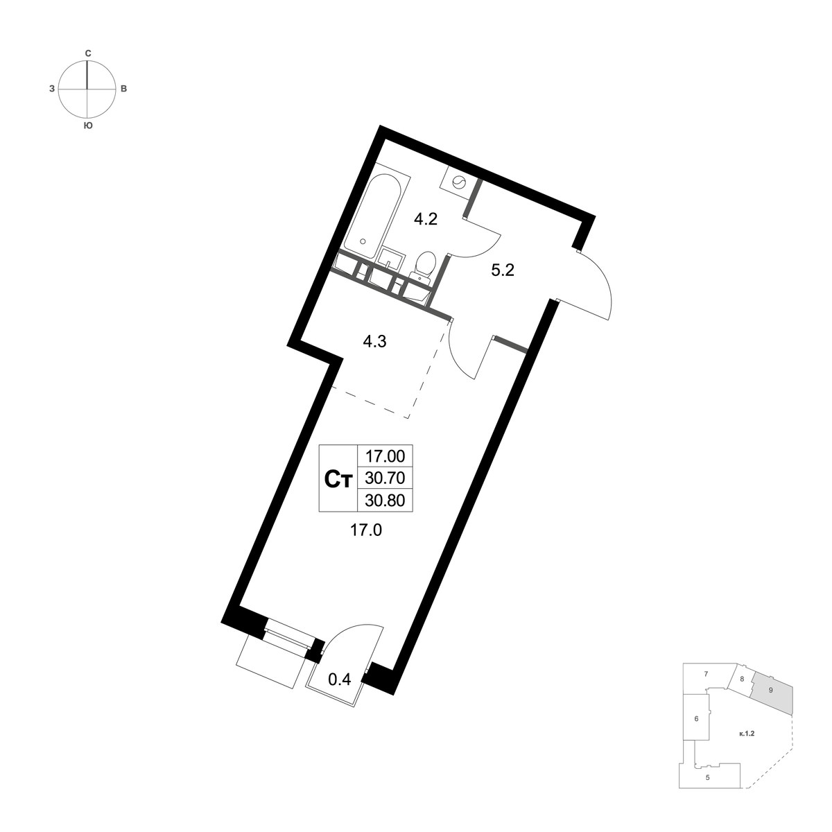 Планировка 30.8 м²