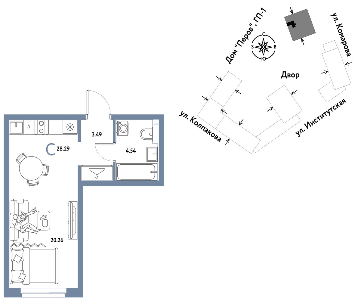 Планировка: 1-комнатная, 28.29 м²