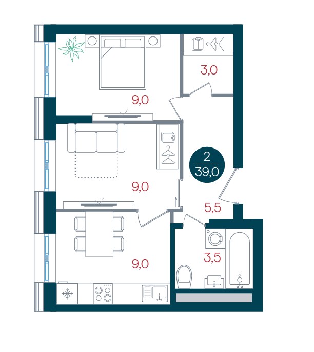 Планировка 39.0 м²