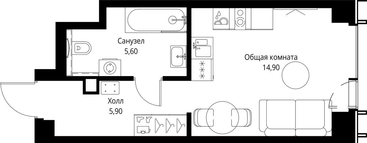 Планировка: 1-комнатная, 26.4 м²