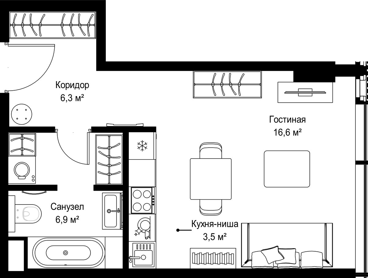 Планировка: Студия, 33.3 м²