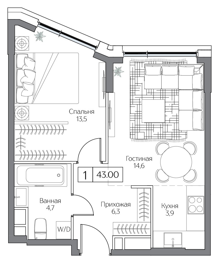 Планировка: 1-комнатная, 43.0 м²
