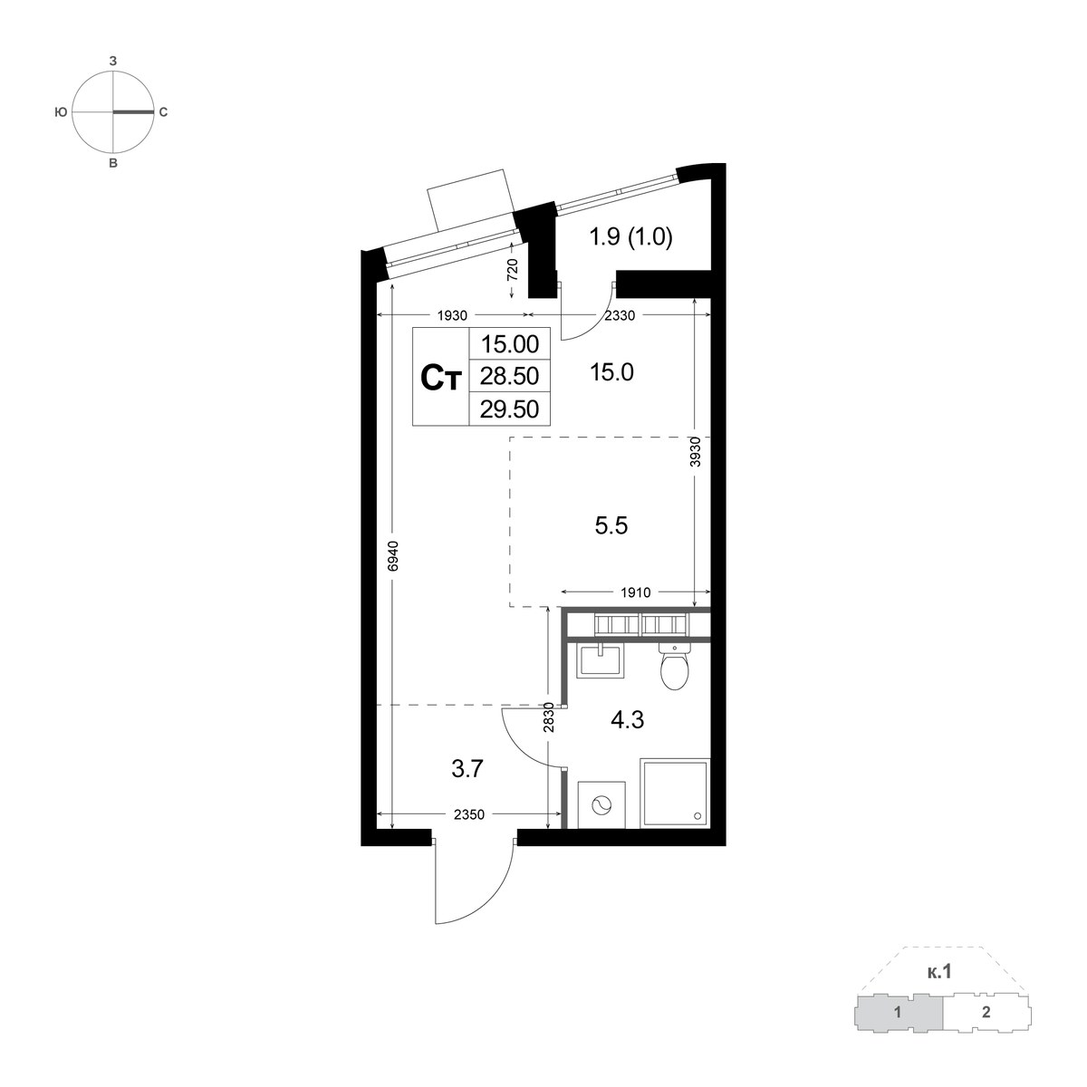 Планировка: Студия, 29.6 м²
