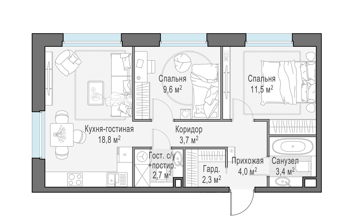 Планировка 56.0 м²