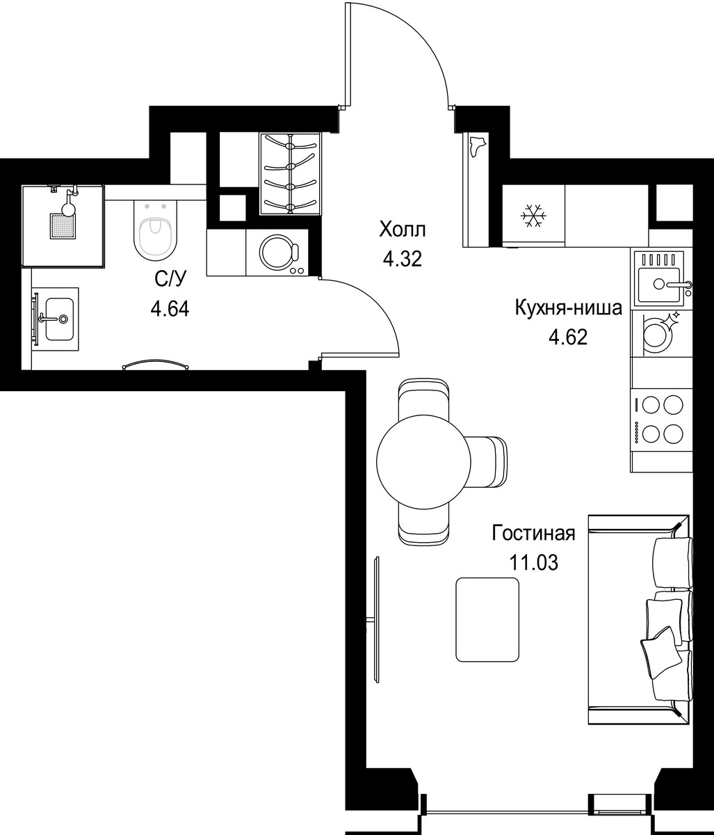 Планировка: 1-комнатная, 24.61 м²