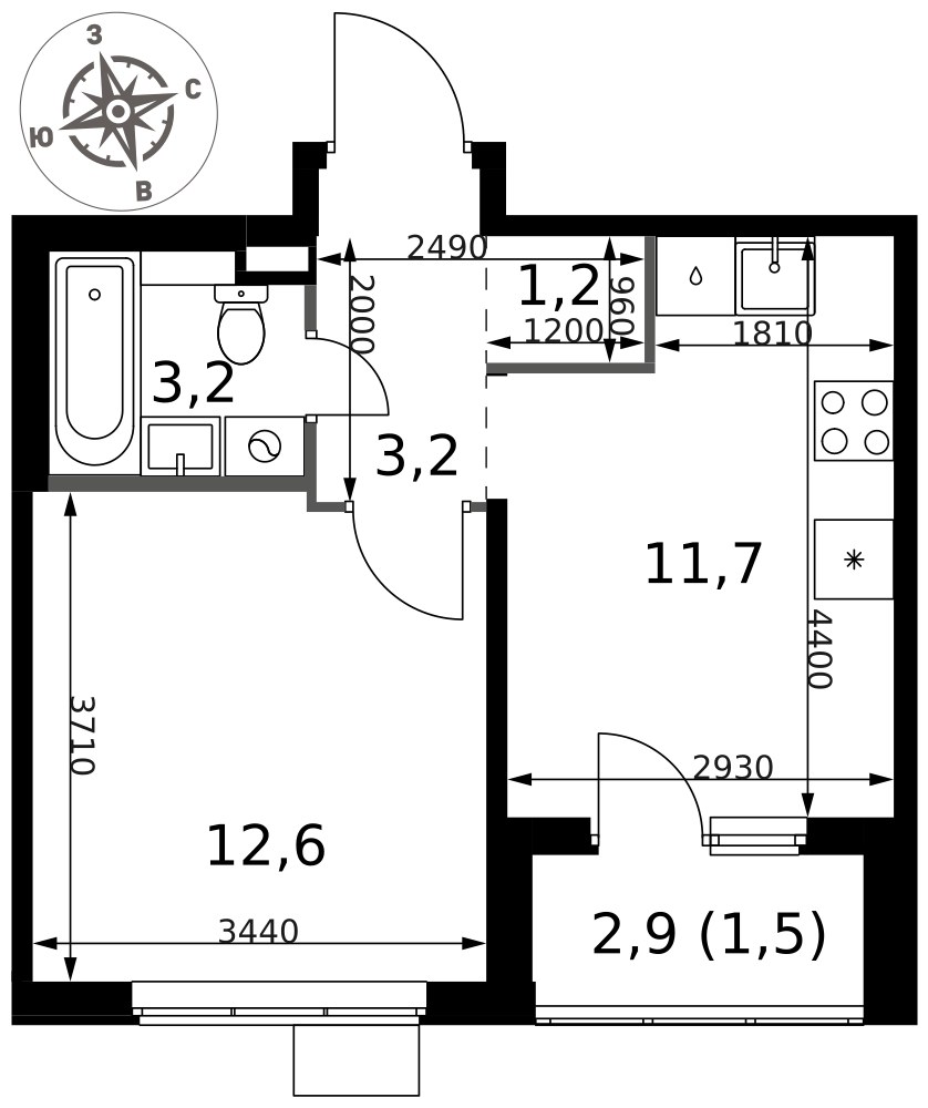 Планировка 33.4 м²
