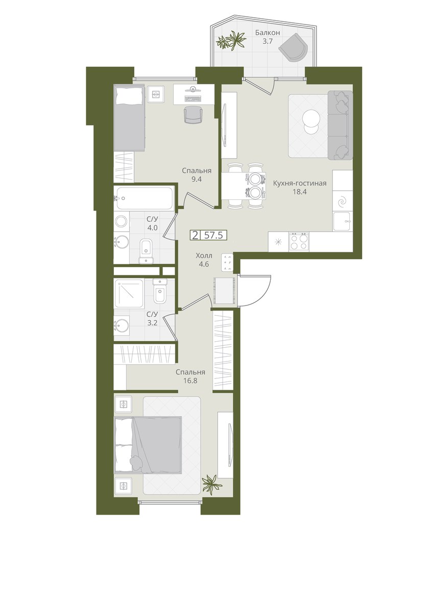 Планировка 57.5 м²