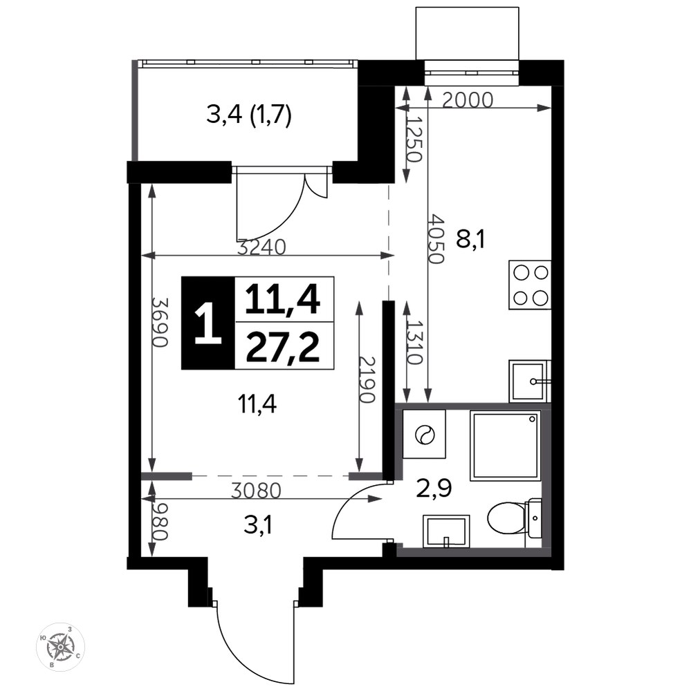 Планировка: Студия, 28.3 м²