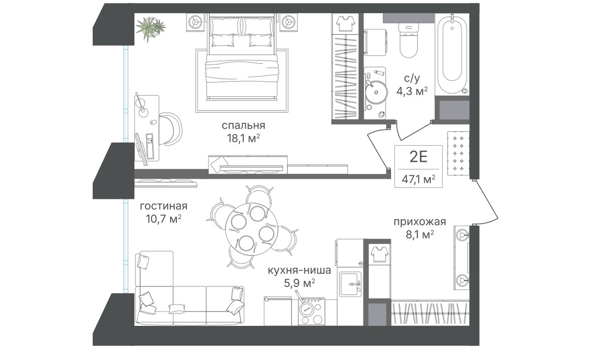 Планировка 47.2 м²