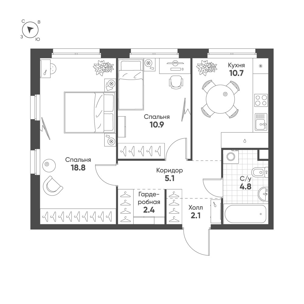 Планировка 54.8 м²