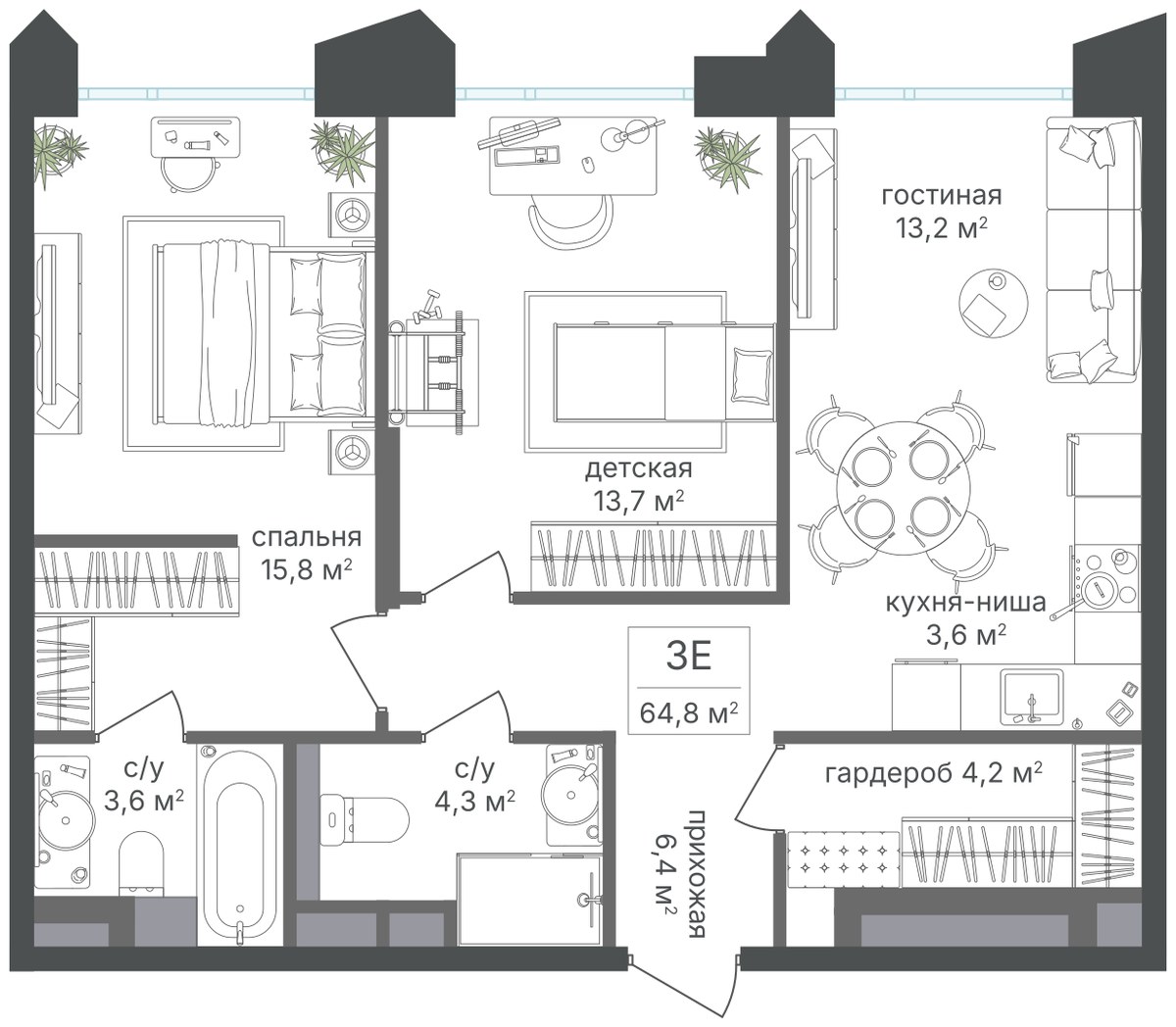 Планировка 64.8 м²
