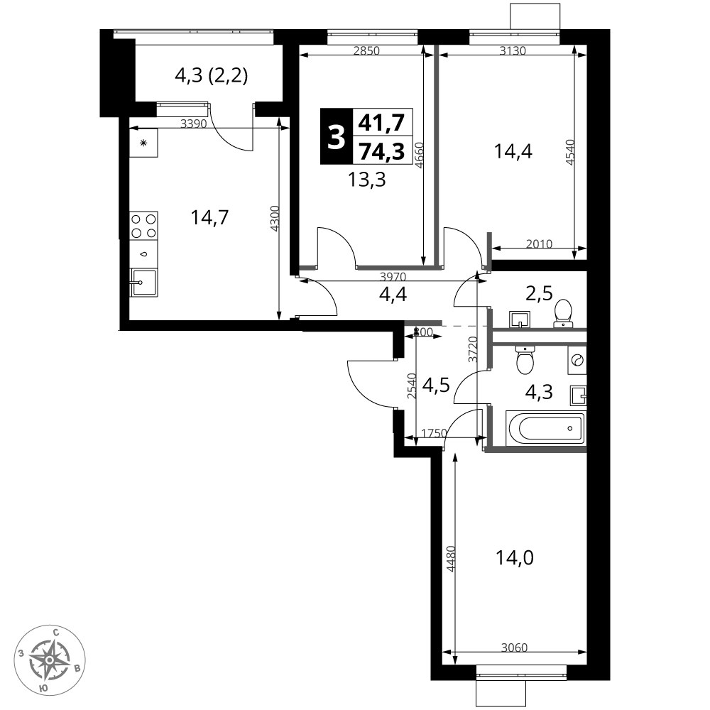 Планировка 74.3 м²