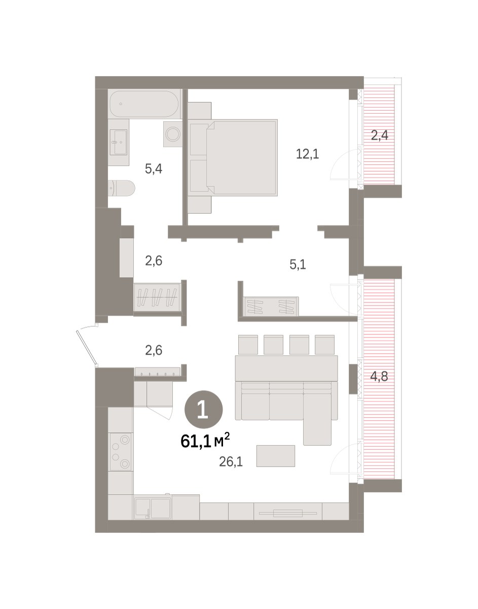Планировка: 1-комнатная, 61.1 м²