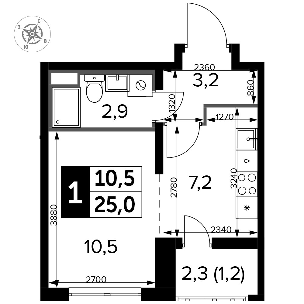 Планировка: Студия, 25.3 м²