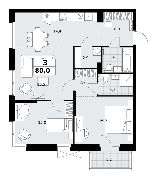 Планировка: 3-комнатная, 80.0 м²