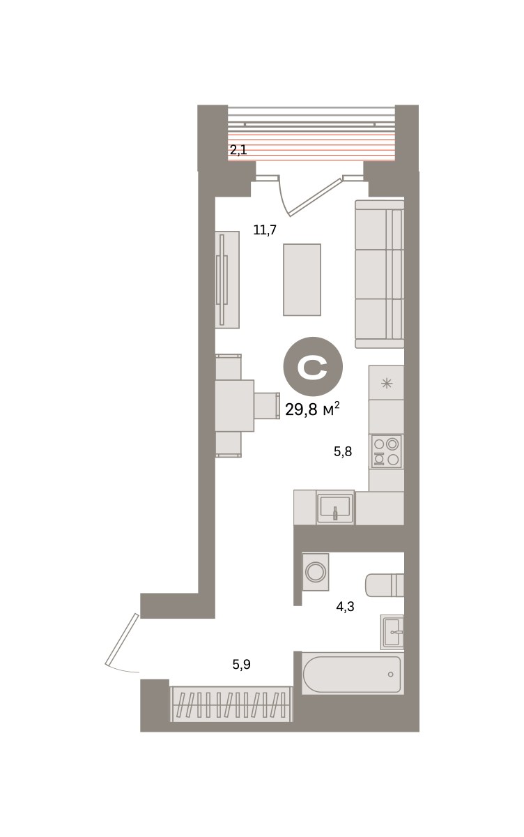 Планировка: Студия, 29.8 м²