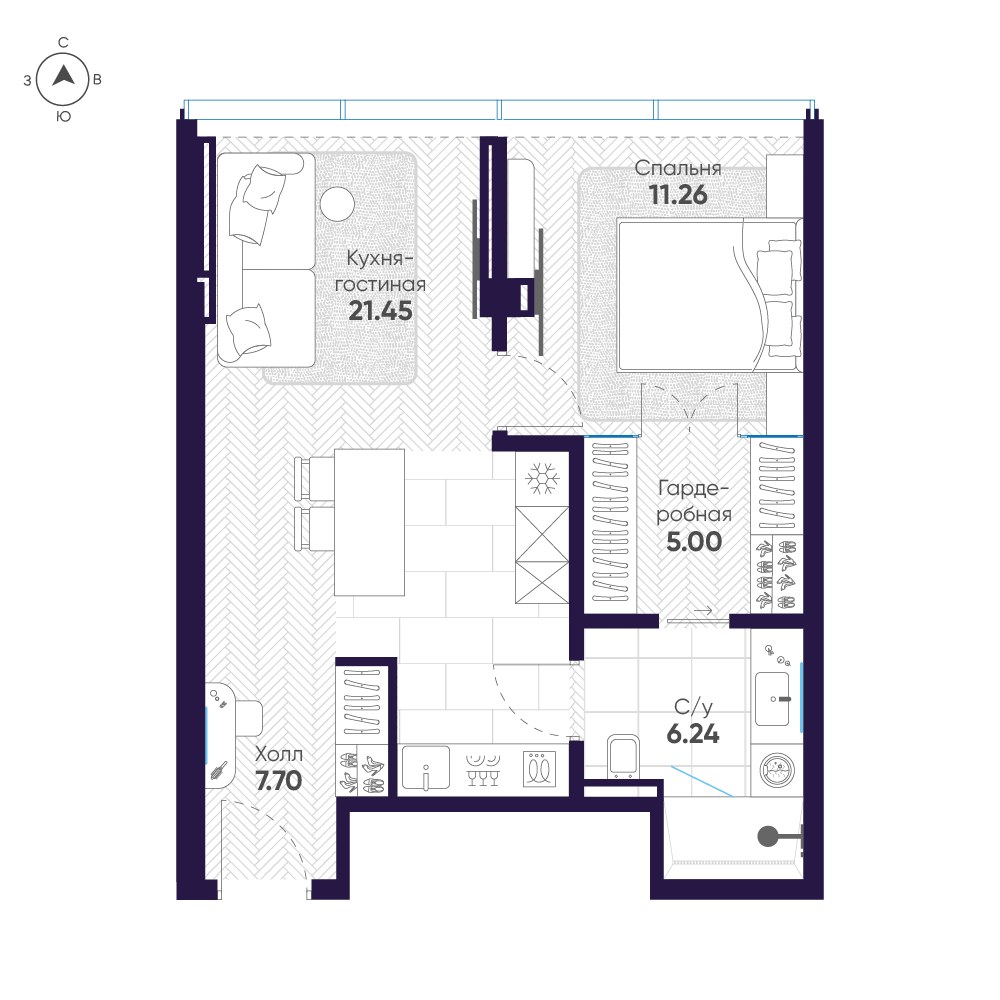 Планировка: 1-комнатная, 51.8 м²