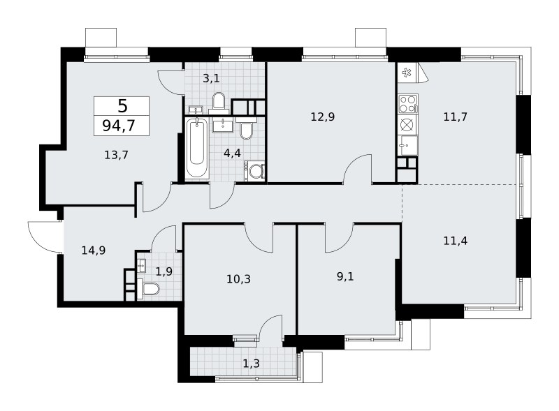 Планировка: 5-комнатная, 94.7 м²