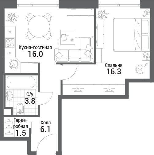 Планировка 43.7 м²