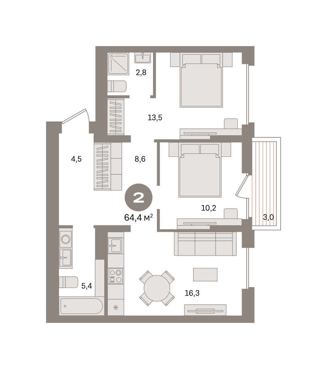 Планировка 64.37 м²