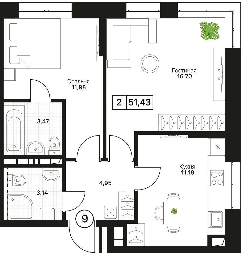 Планировка 51.43 м²
