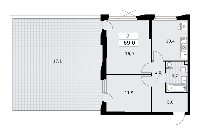 Планировка: 2-комнатная, 69.0 м²