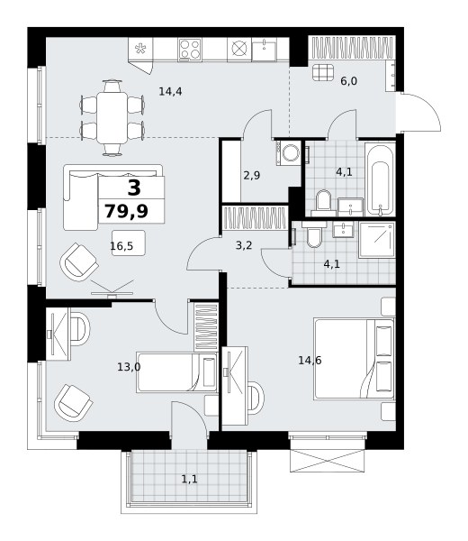 Планировка: 3-комнатная, 79.9 м²