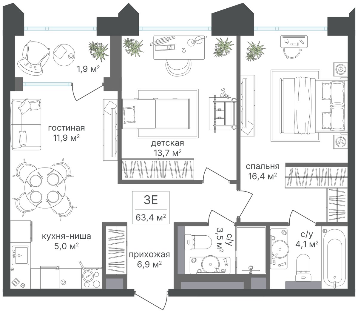 Планировка 63.4 м²