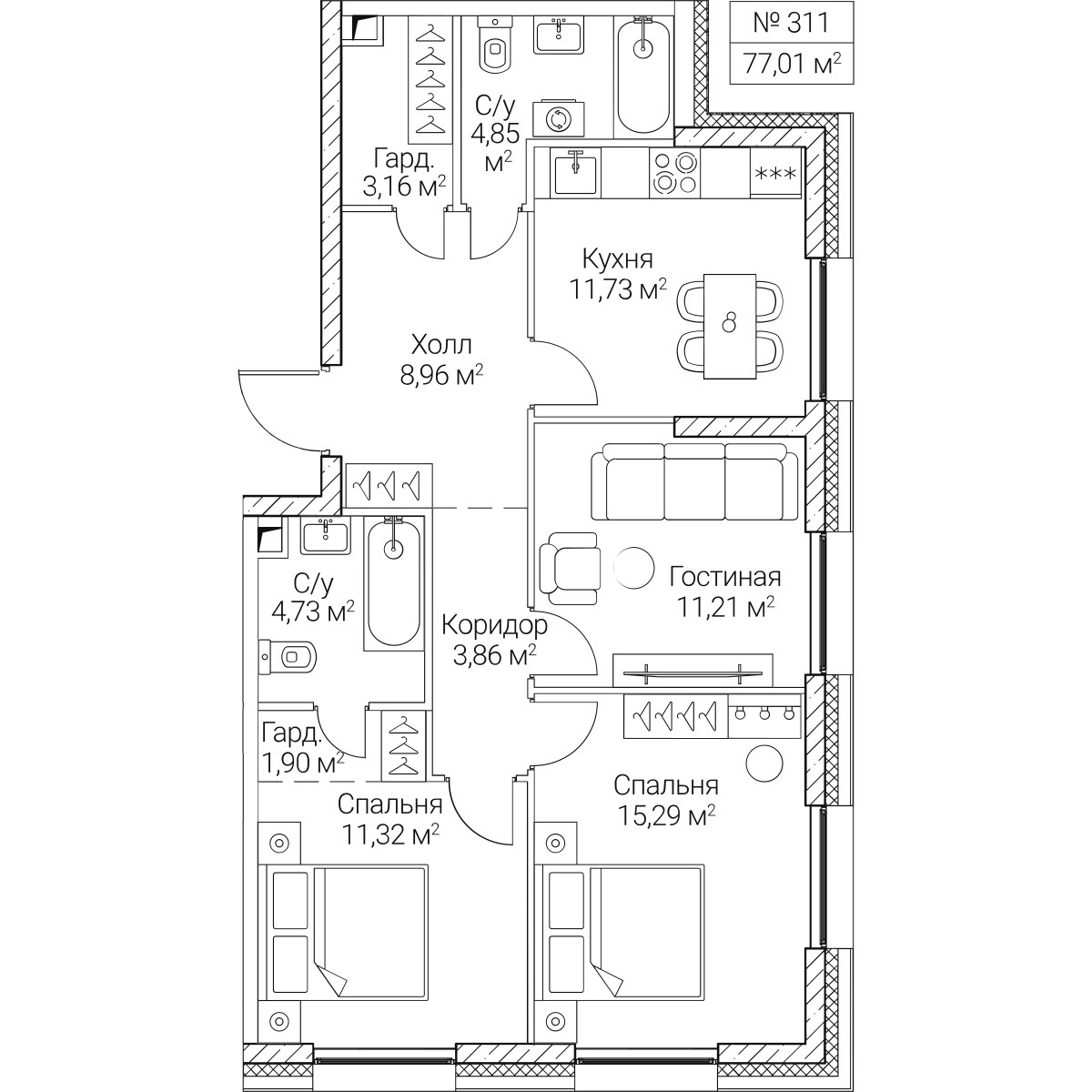 Планировка 77.01 м²
