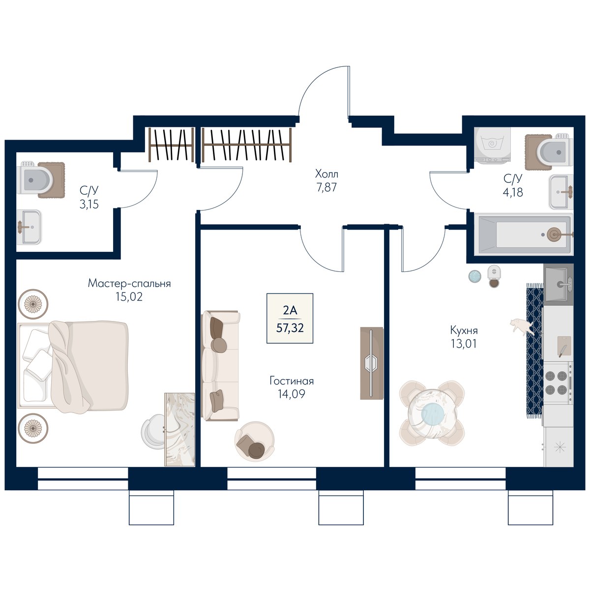 Планировка 57.32 м²