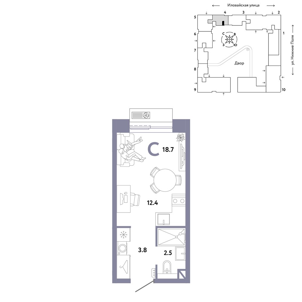 Планировка: 1-комнатная, 18.7 м²