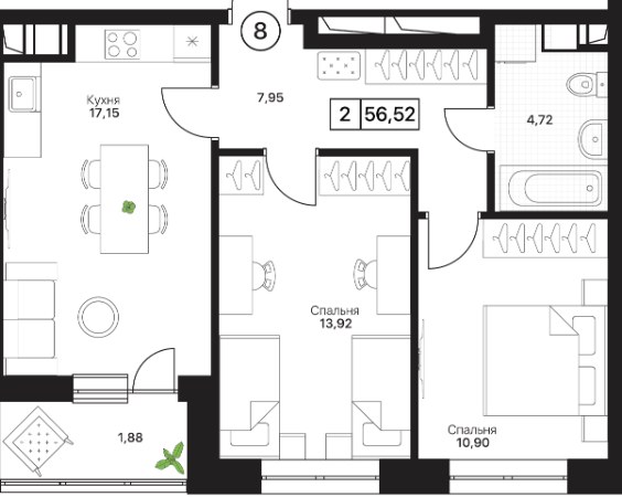 Планировка 56.52 м²