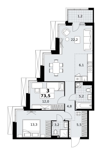 Планировка: 3-комнатная, 73.5 м²