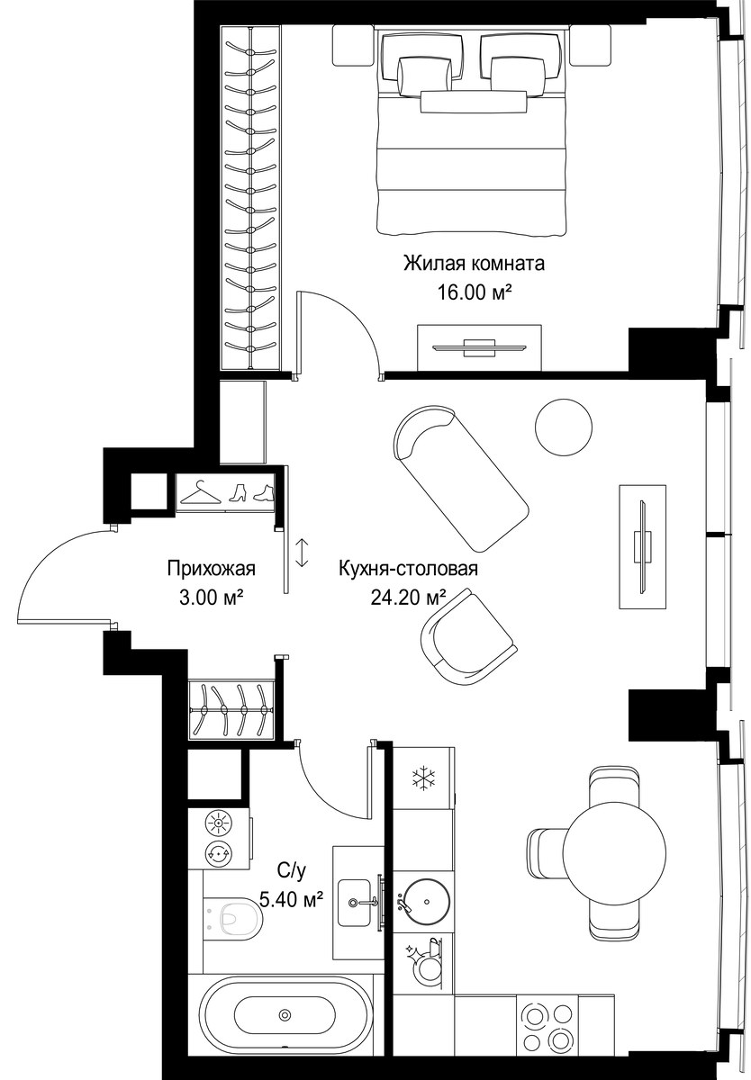 Планировка: 1-комнатная, 48.6 м²