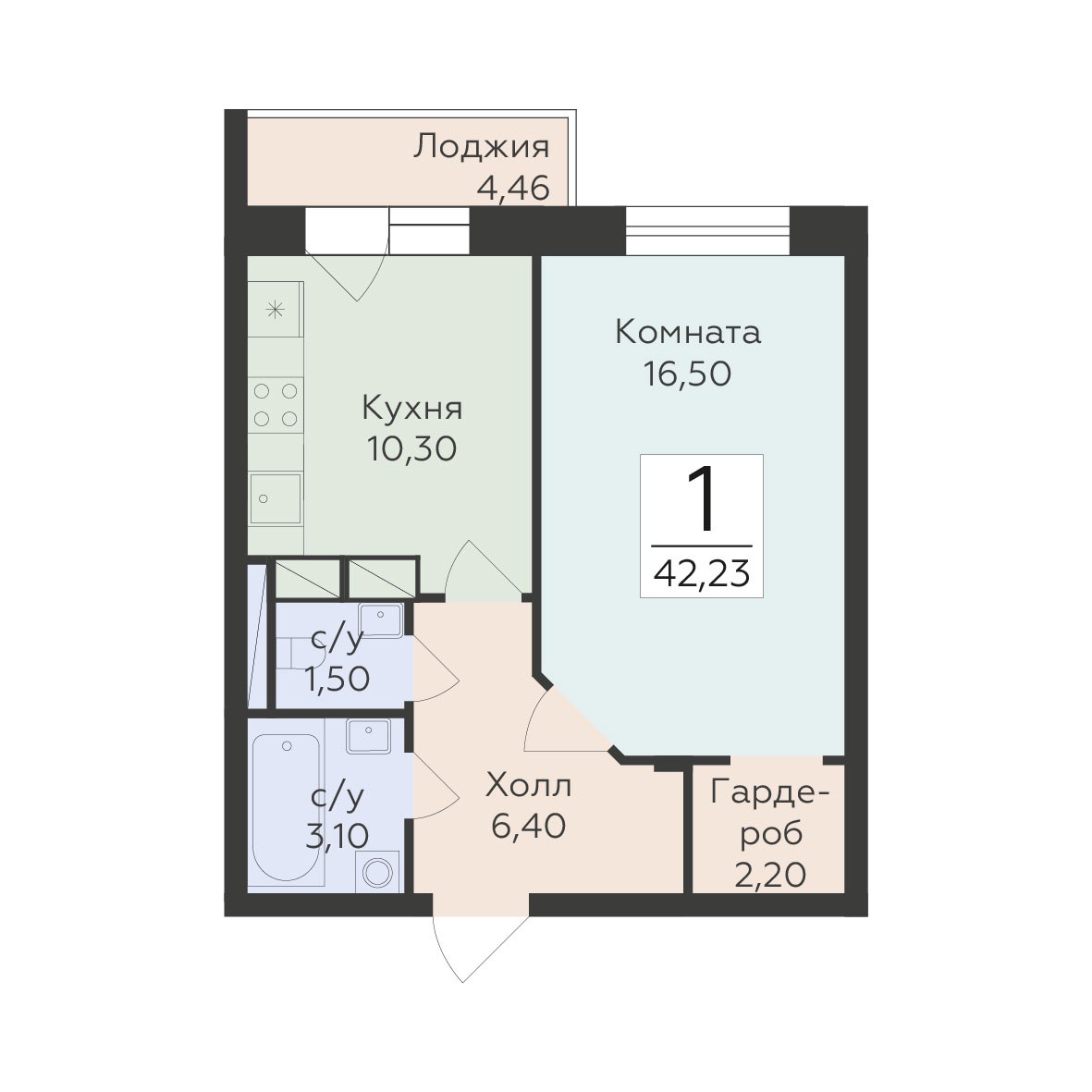 Планировка: 1-комнатная, 42.23 м²